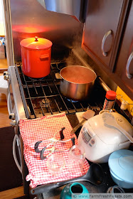 behind the scenes image in the kitchen, showing cranberry salsa simmering on the stove and a canning pot standing by
