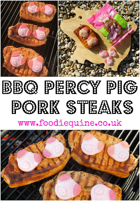 www.foodiequine.co.uk BBQ Percy Pig Pork Loin Steaks What better match for the BBQ? Juicy tender pork loin steaks topped with sticky caramelised Marks & Spencer Percy Pigs. Think gammon steak and pineapple - only better! This little piggy went to the barbecue...