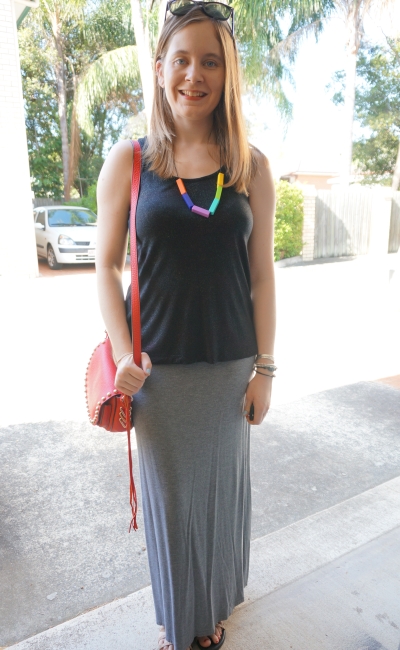 monochrome black and grey metallic tank maxi skirt outfit with red pop of colour saddle bag | Away From Blue
