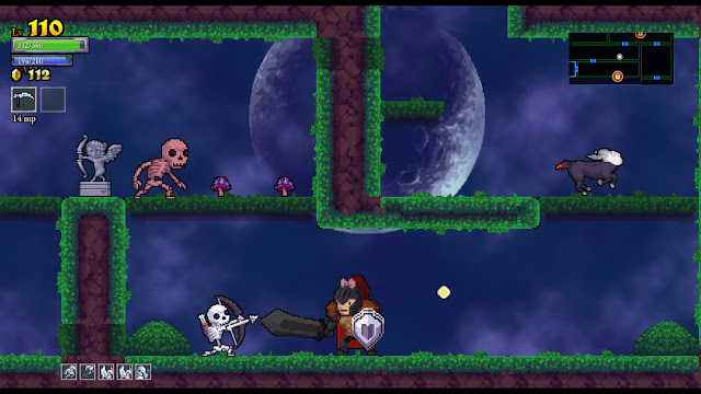 Rogue Legacy - The player has a huge sword and face a little skeleton with a tiny bow.