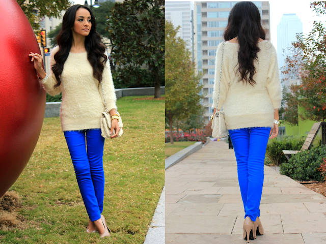 cozy sweater and blue pants