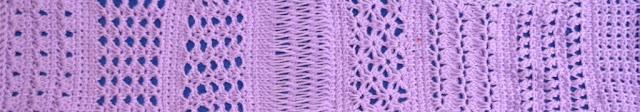 A lavender (purple) sampler strip of 8 different tricot stitch patterns arranged horizontally.