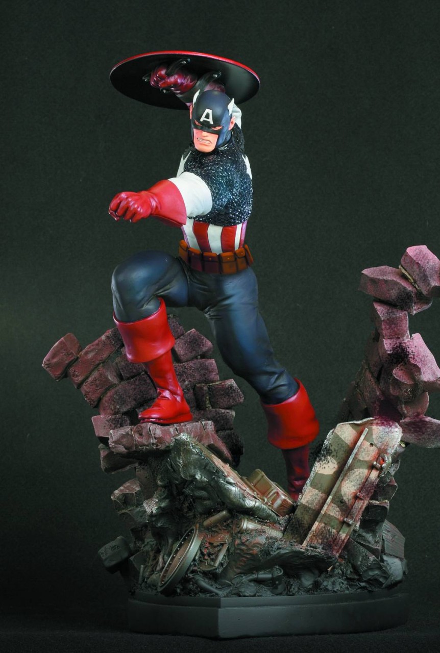 The Captain America Action Polystone Statue features: Removable Brick 
