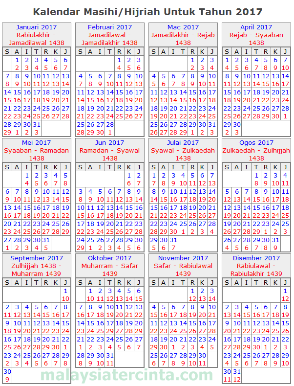 Kalendar Islam 2017 Masihi 1438 1439 Hijrah