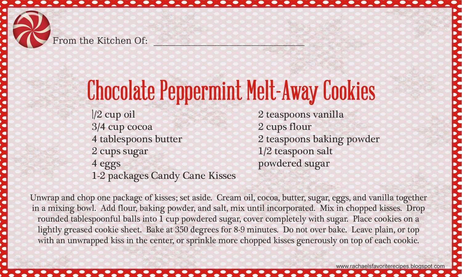 RACHAEL'S FAVORITE RECIPES: Chocolate Peppermint Melt-Away Cookies