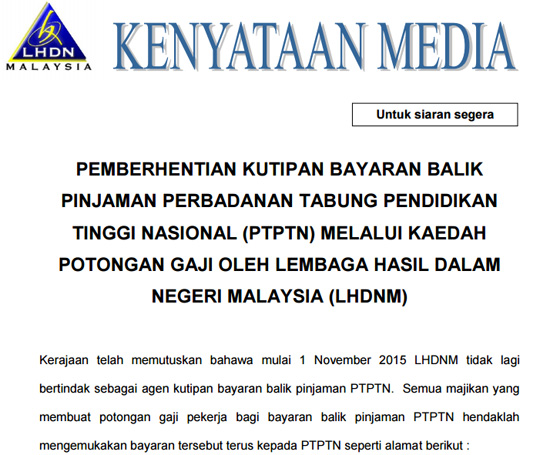 Bayaran Balik PTPTN Potongan Gaji Dihentikan 1 November 2015