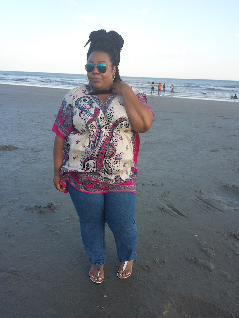 beach wear, caftan, jeans, sandals and aviators