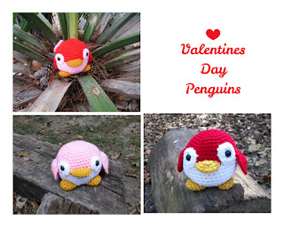 A collage of red and pink plush penguins in crochet