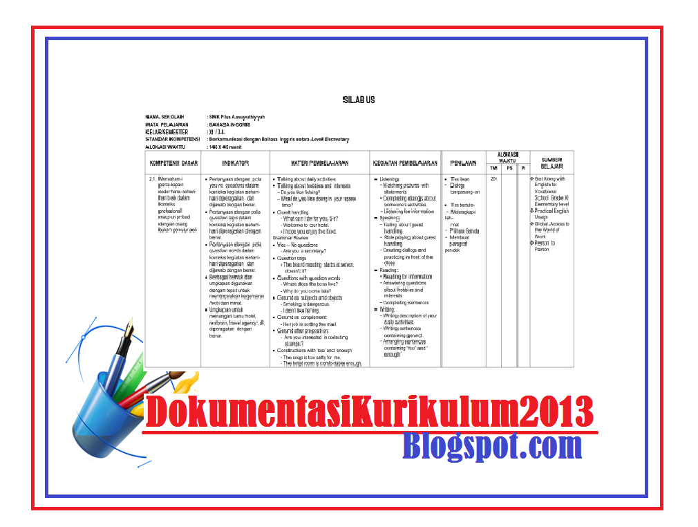 Download Silabus SMK Bahasa Inggris Kelas X XI XII Download Silabus SMK Bahasa Inggris Kelas X XI XII
