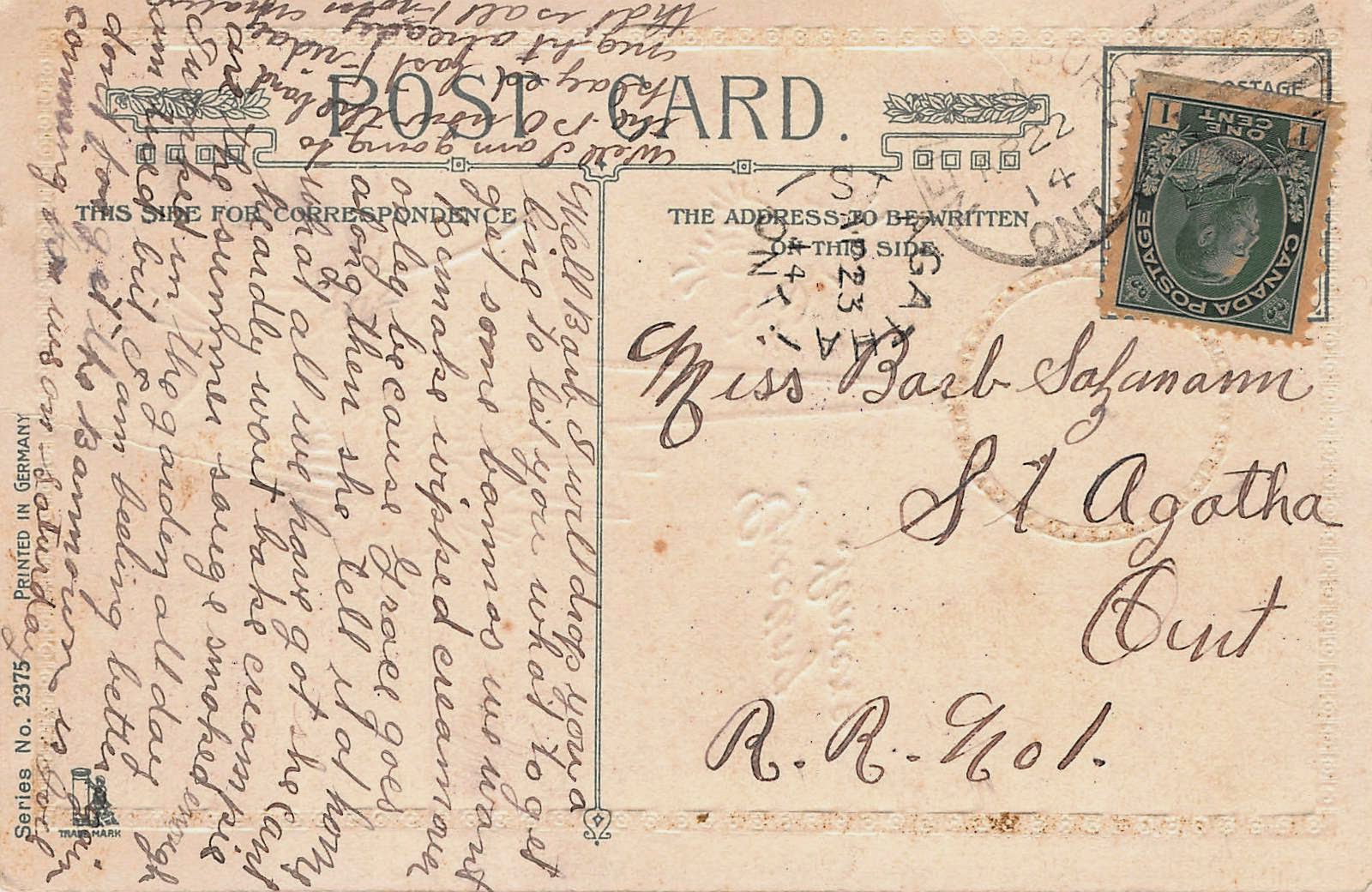 Olive Tree Genealogy Blog 1914 Birthday Postcard St. Agatha Ontario