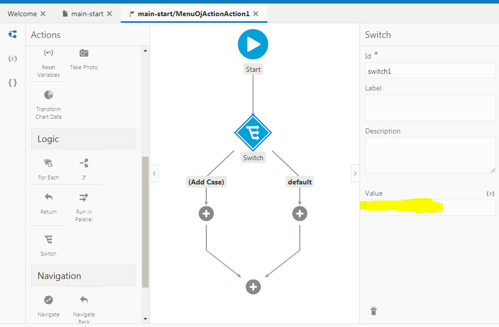 Oracle Visual Builder Cloud Service- How to use switch case in action chain