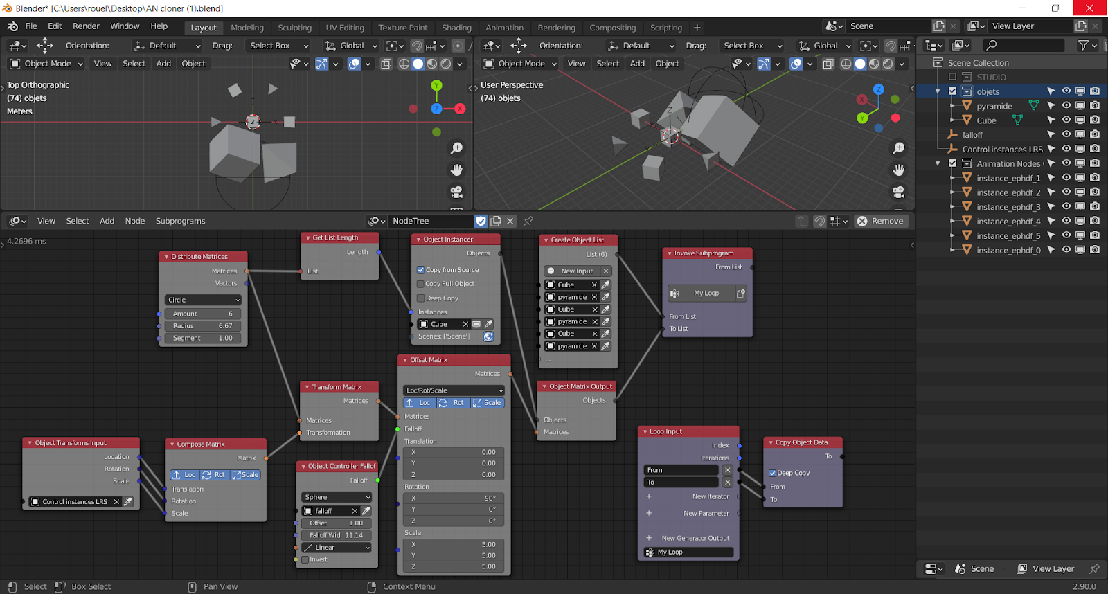 blender animation nodes circular array with repeated objects and RLS of the array matrice