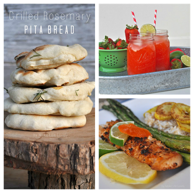 rosemary pita bread, strawberry lemonade in mason jars, and crusted fish on a plate