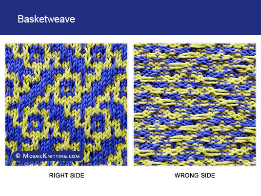 Mosaic Knitting - 2 Color Slip Stitch Pattern. Right side vs wrong side of the Basketweave stitch.