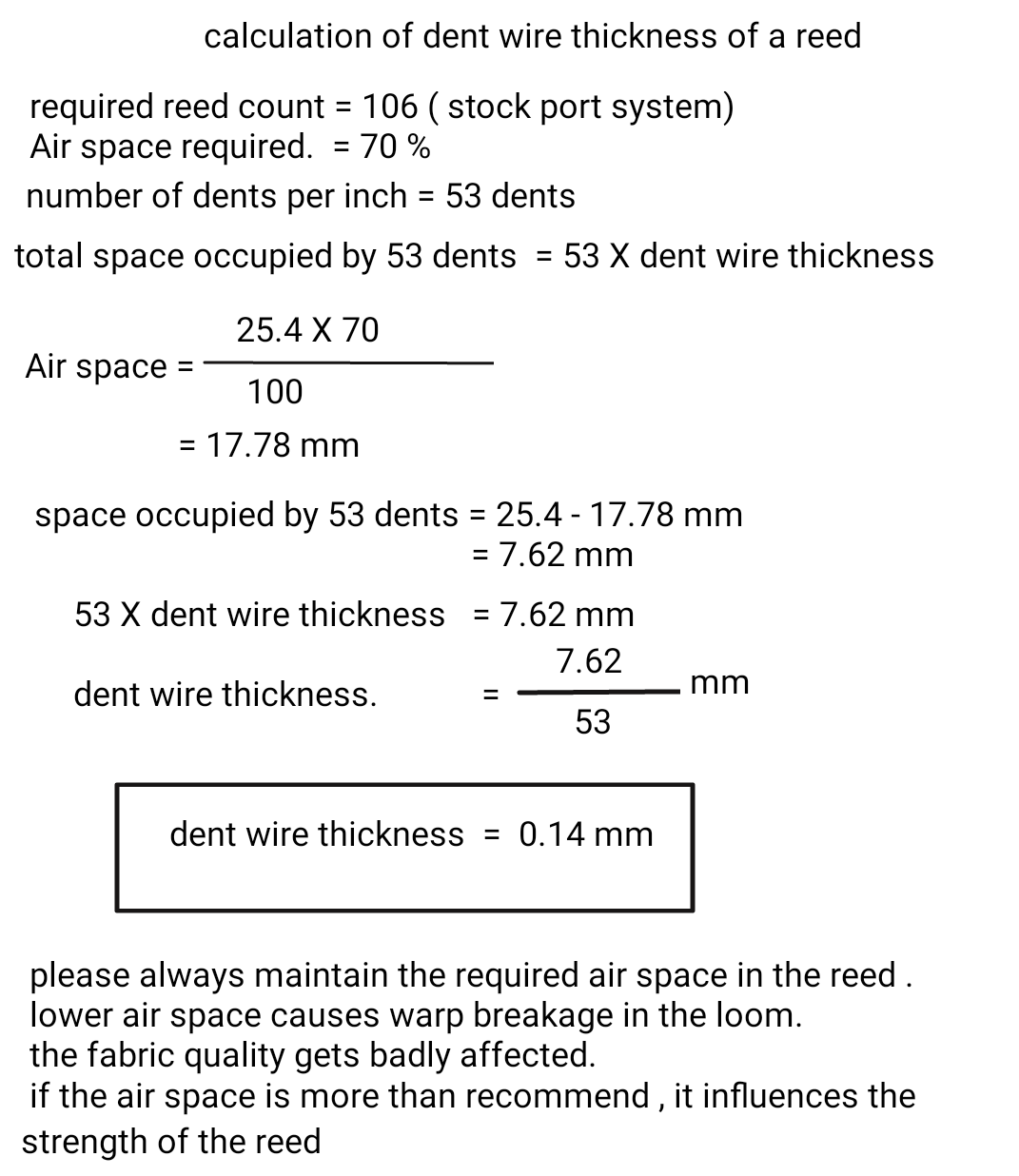Textile Adviser REED'S SPECIFICATIONS, CALCULATION OF DENT WIRE THICKNESS