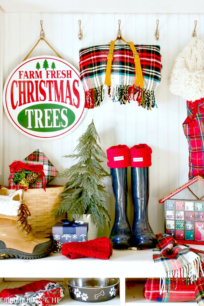 Mudroom with Tree Farm Holiday Decor - Golden Boys and Me Holiday Home Tour 2017