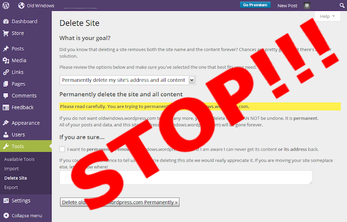 Wordpress delete site dialogue