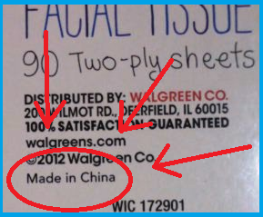 "Made in China" at the bottom of the tissue box, circled, with three arrows pointing to it... all in red, of course.