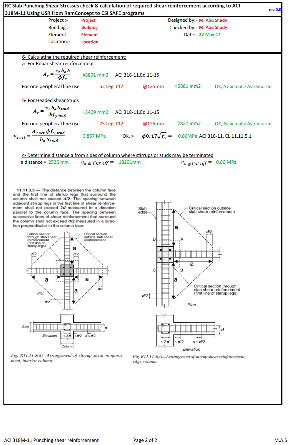 Mohamed Abushady P E Aci 318m 11 Rc Slab Punching Shear Stresses Check Calculation Of Required Shear Reinforcement Using Usr From Ramconcept To Csi Safe Programs