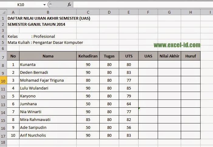 CARA MEMBUAT DAFTAR NILAI MAHASISWA DI EXCEL