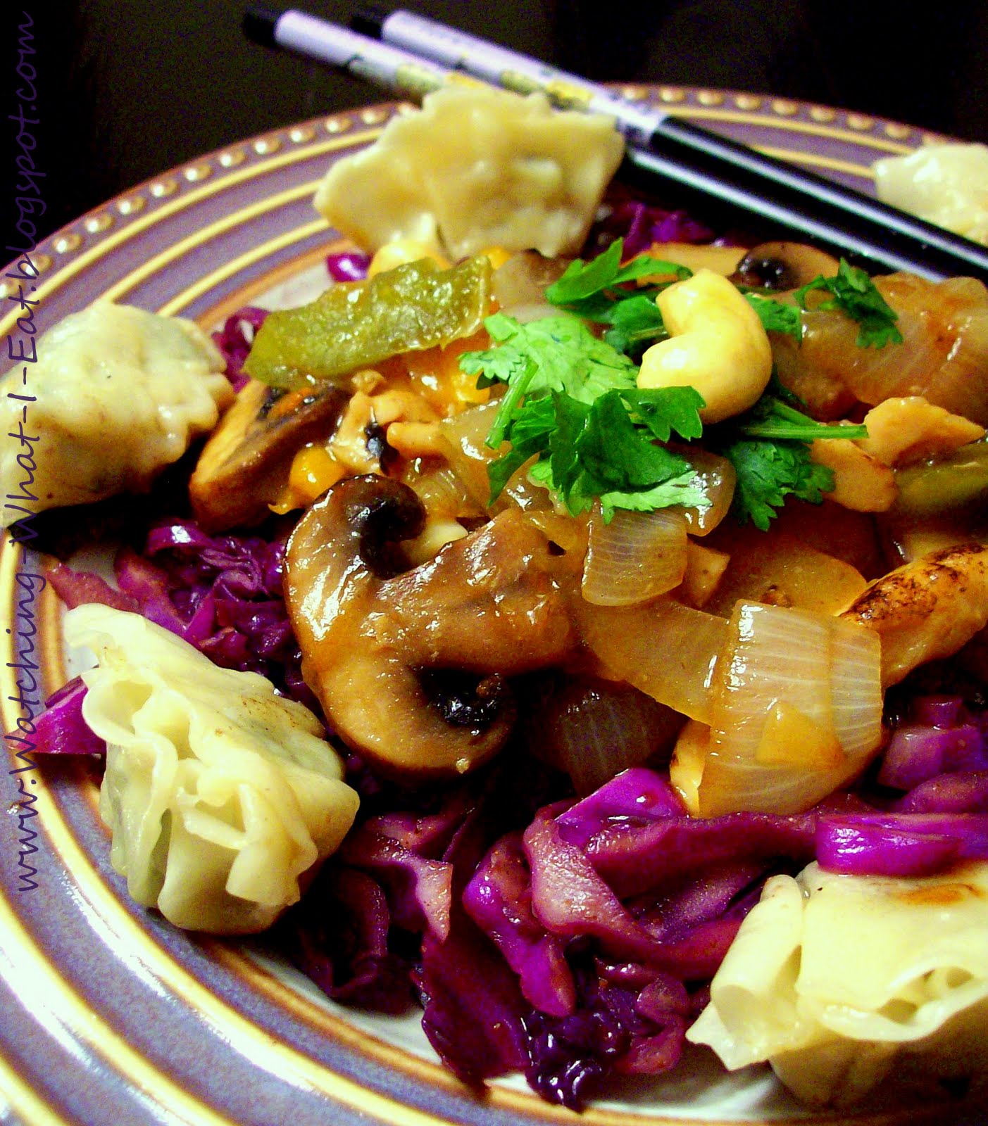 Watching What I Eat Cashew Chicken & Mushroom Stir Fry with Wontons