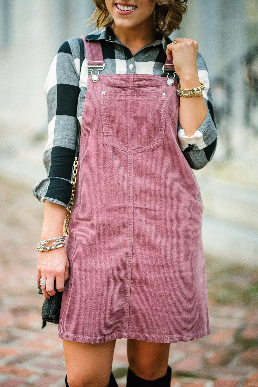Fall Style: Pink Corduroy Pini + Black and White Plaid Shirt - Something Delightful Blog