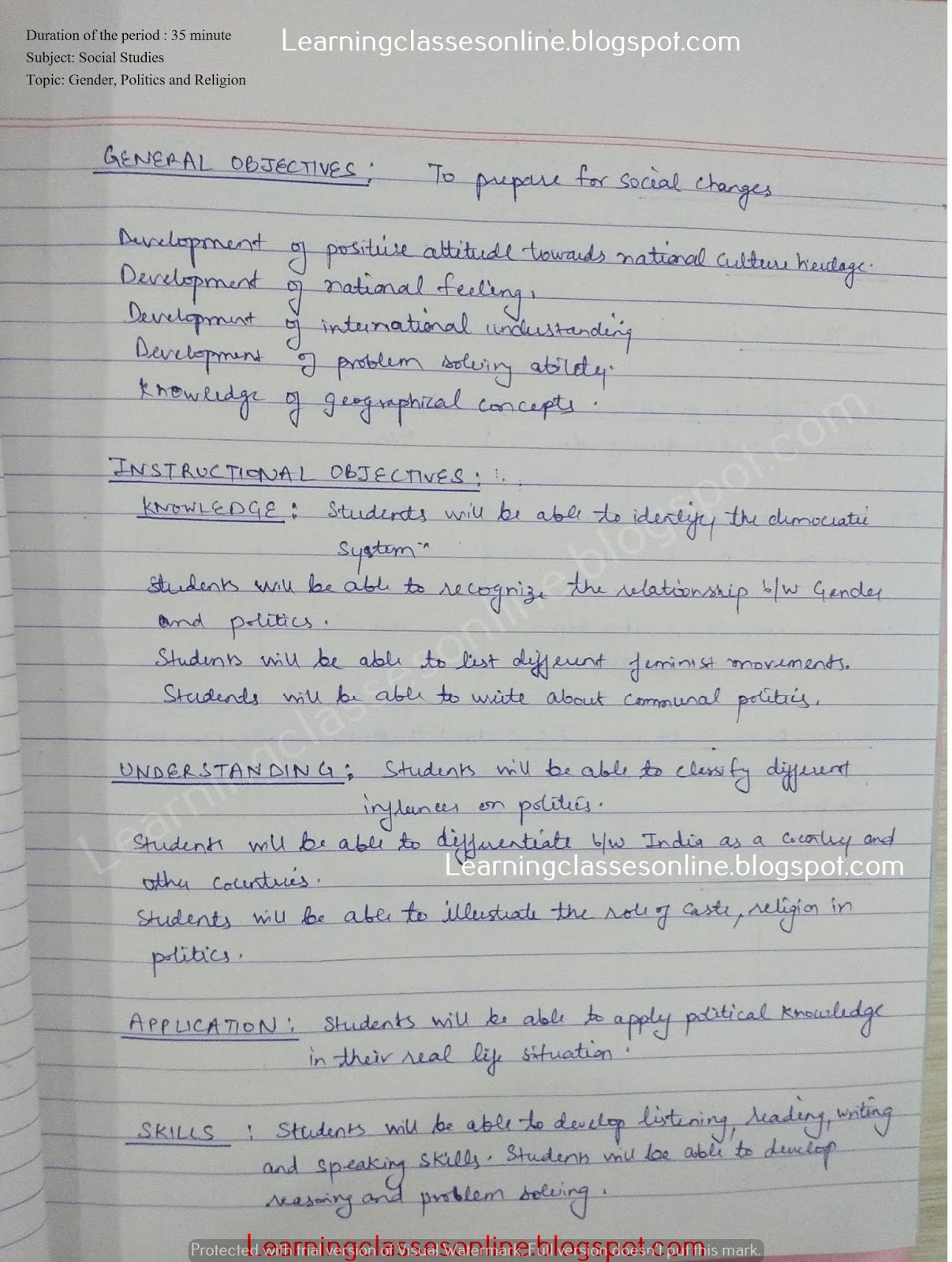 lesson plan of social studies for class 6 th on gender politics and religion
