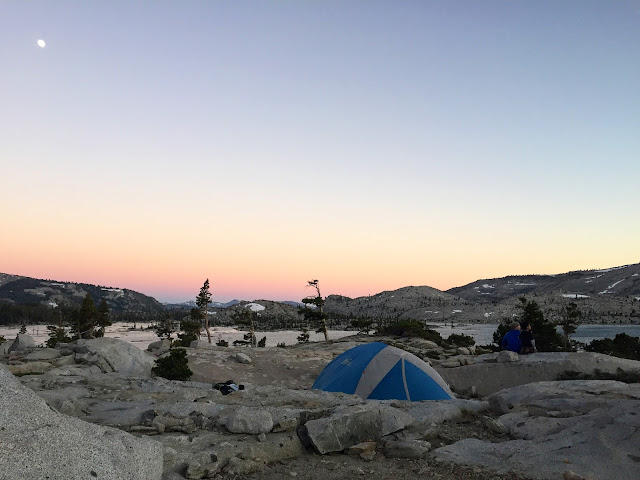 Sunset and our tent at Lake Aloha.