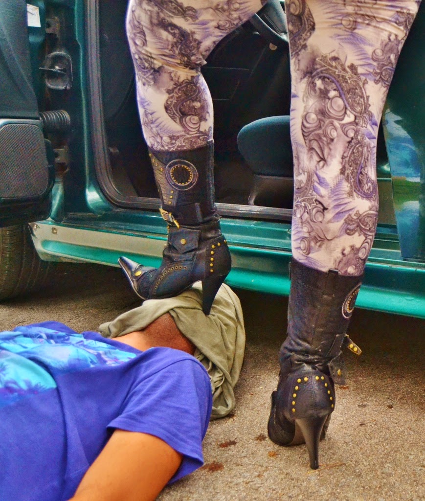 crushandtrampling Trampling with high heels boots and leggings in the car