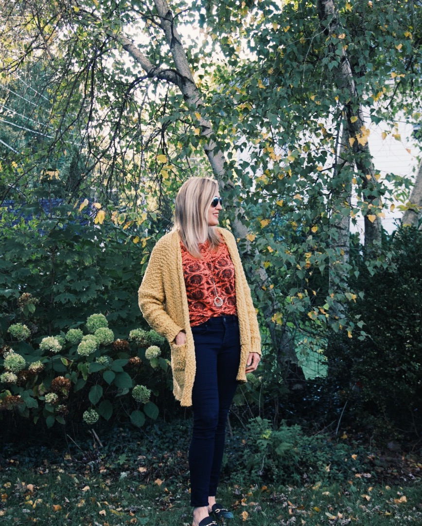 cozy popcorn knit mustard cardigan