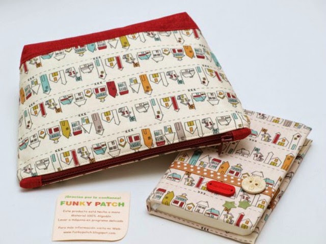 neceser y cuaderno para bolso en tela handmade por funkypatch y mimosorum