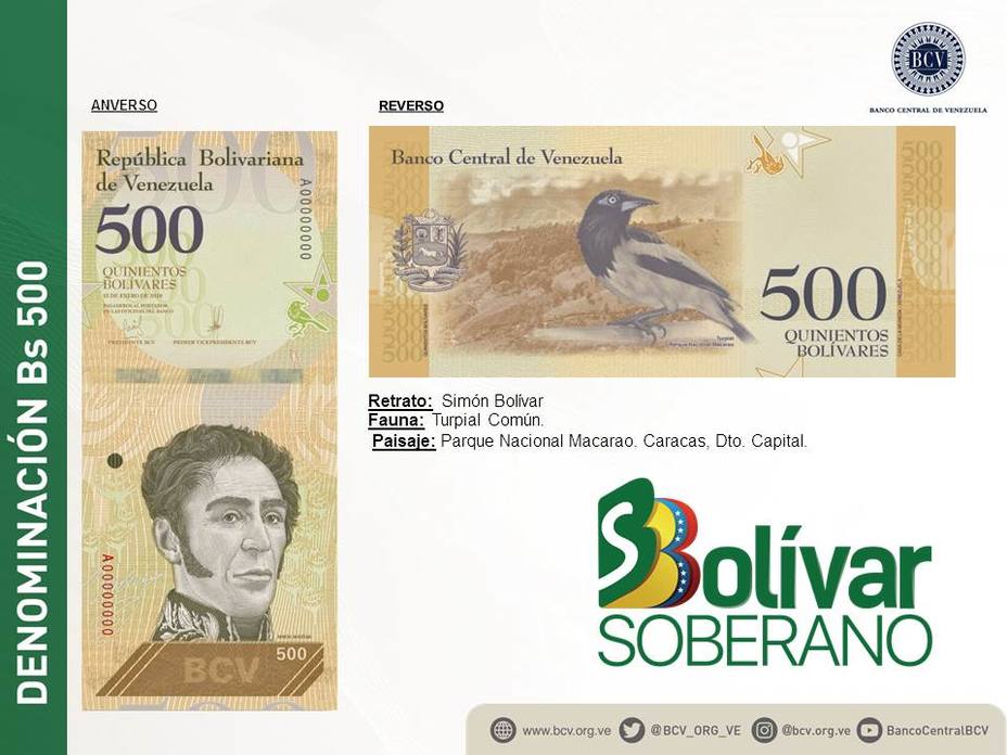 Nuevos billetes y monedas de Venezuela 2018. Nuevo cono monetario venezolano 2018. Monedas y billetes nuevos de Venezuela 2018. Billete de 500 Bs Soberano