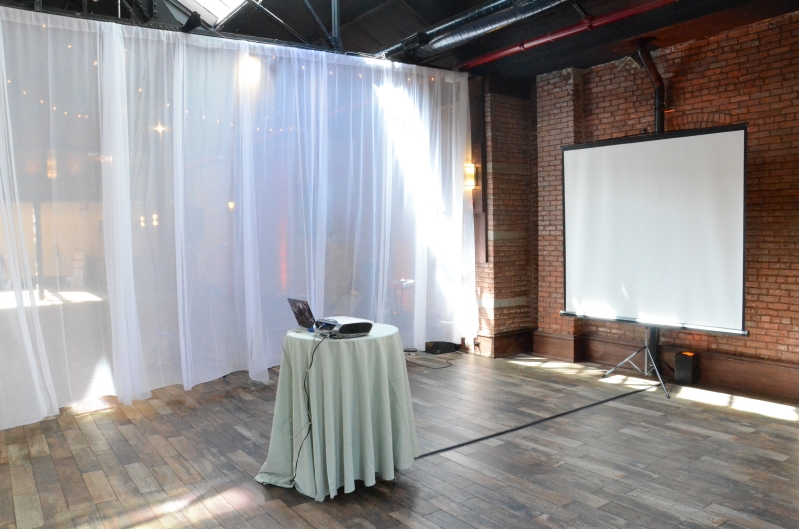 Universal Light and Sound Projector and Screen w/ Sheer Curtains 26