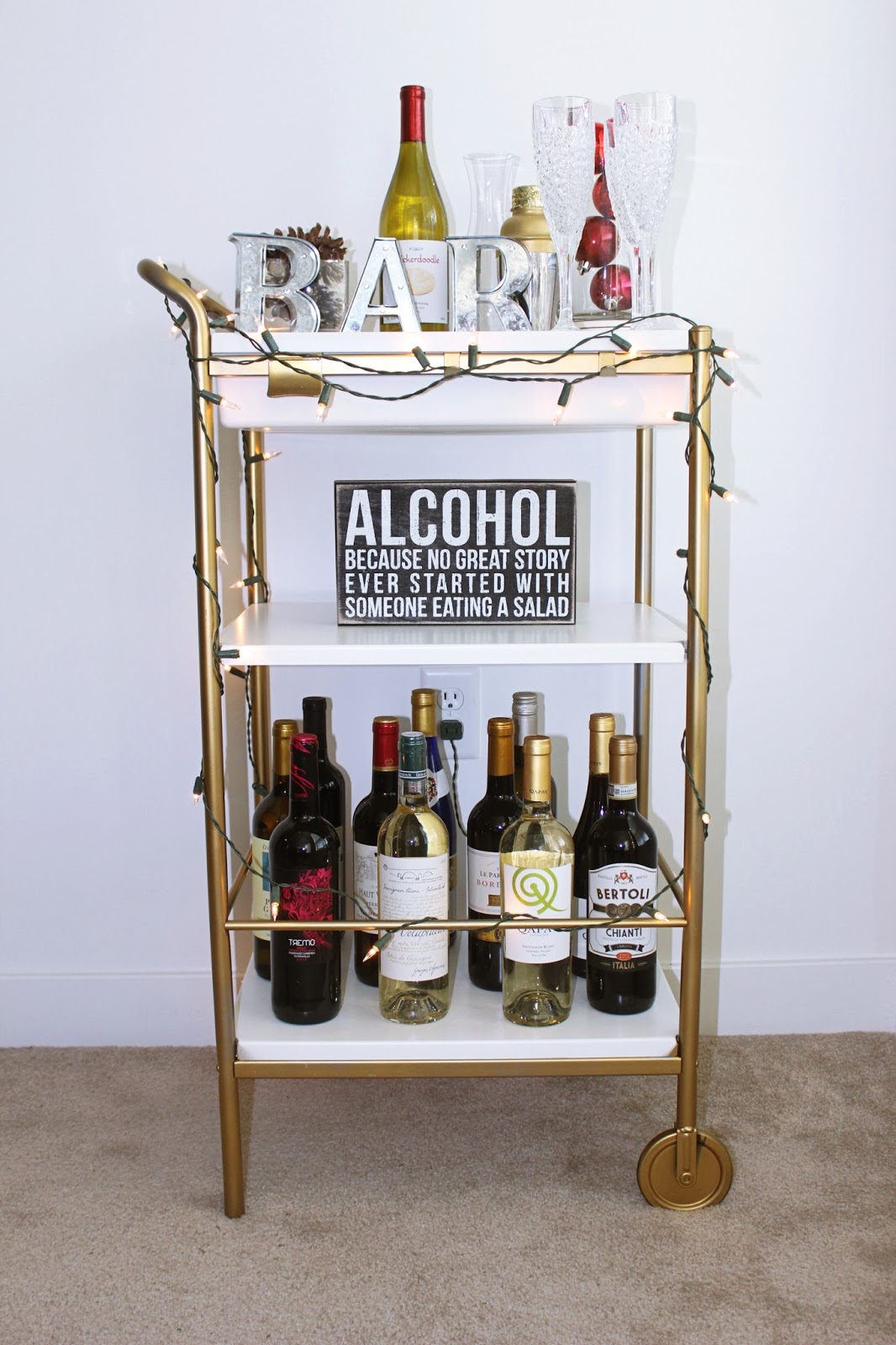bar cart, how to style a bar cart, holiday bar cart, DIY bar cart, gold, new year's eve