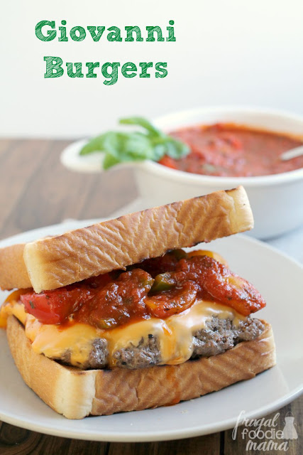 Juicy burgers are topped with sauteed peppers in sauce & American cheese in these easy to make Tuscan inspired Giovanni Burgers. #ad