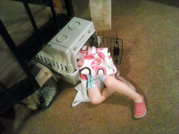 15+ Hilarious Pics That Prove Kids Can Sleep Anywhere - Napping In A Pet Carrier