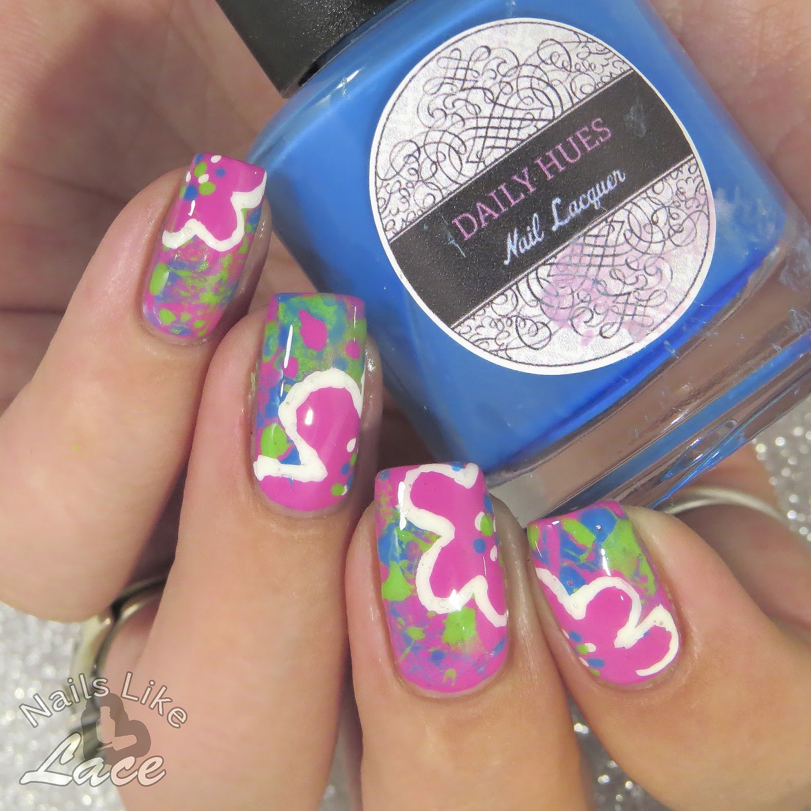NailsLikeLace Mommy's Mani Monday Splatter Flowers using Liquid Palisade