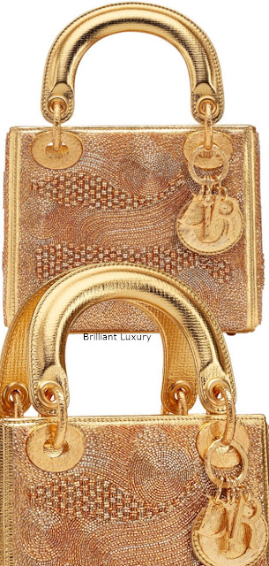 ♦Lady Dior bag, gold color textured goatskin, designer Olga De Amaral