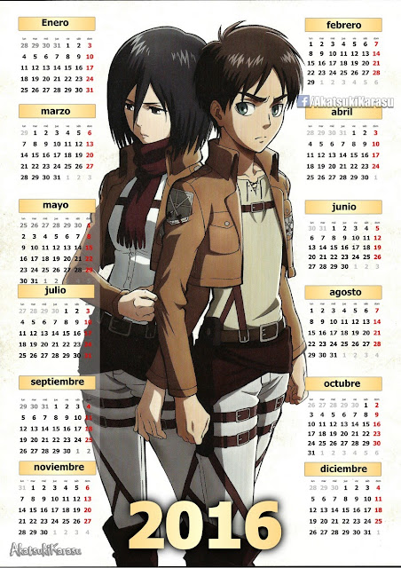 calendario 2016 shingeki no kyojin