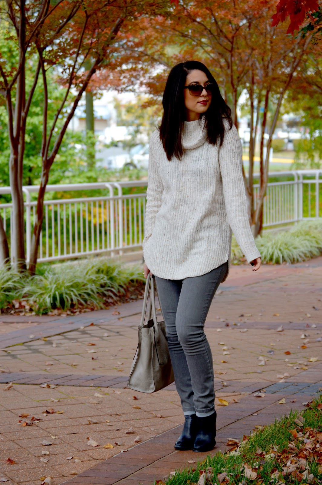 Rosy Outlook: Cozy Sweater & Grey Jeans