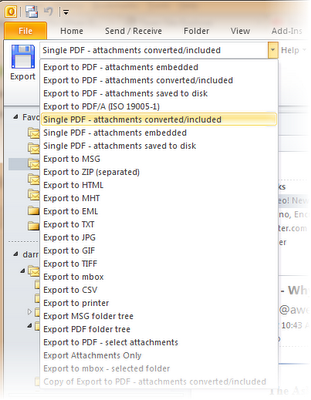 Exporting Outlook email to a single PDF file with MessageExport. Picture shows toolbar.