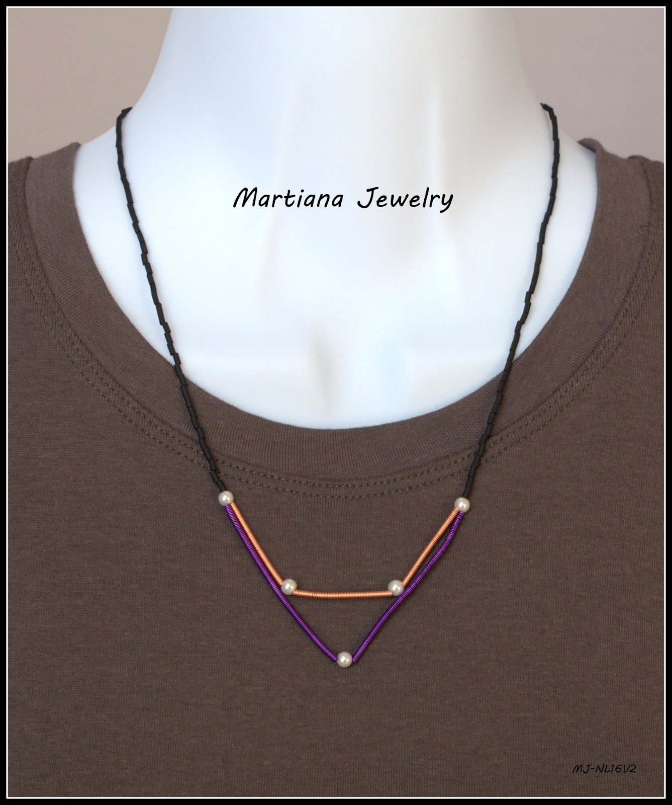 Funky, "V" Pendant Necklace Matte Black glass beads, Artistic Copper