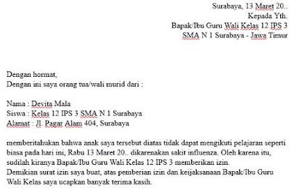 Contoh Surat Setengah Resmi Izin Tidak Masuk Sekolah