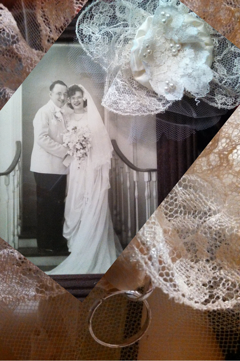 Prince Charming parents on their wedding day 67 years ago. Back ground and lace from her dress and her only daughter.