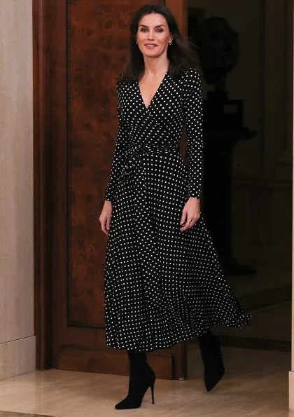 Queen Letizia wore Zara long sleeve polka dot maxi dress and Steve Madden boots. Karen Hallam earings. Tokyo 2020 Olympic Games