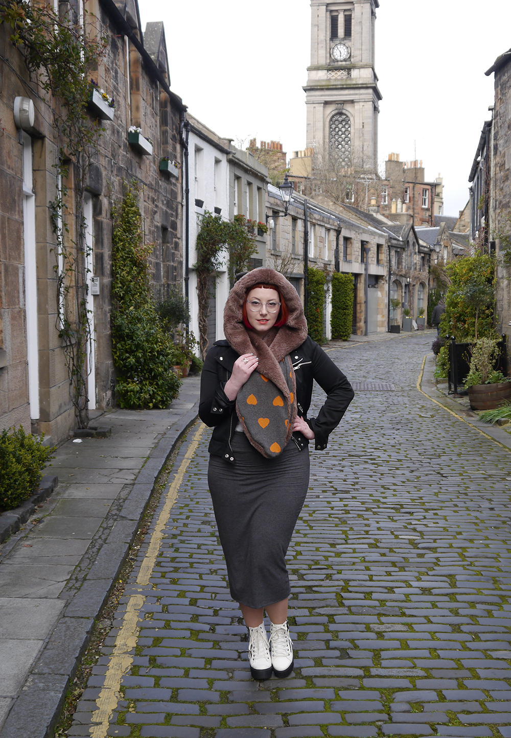 Styling up a Chouchou Kitty Hood Styled by Helen, Scottish blogger, Scottish fashion blogger, red head, Chouchou, Chouchou Couture, fashion hood, hood scarf, kitty hood, kitty ears, faux fur, love heart print, pops of orange, bonnie bling, ginger, giner necklace, casual day look, casual everyday style, Edinburgh, Stockbridge Edinburgh, Edinburgh blogger, independent designer, #HOODGIRL