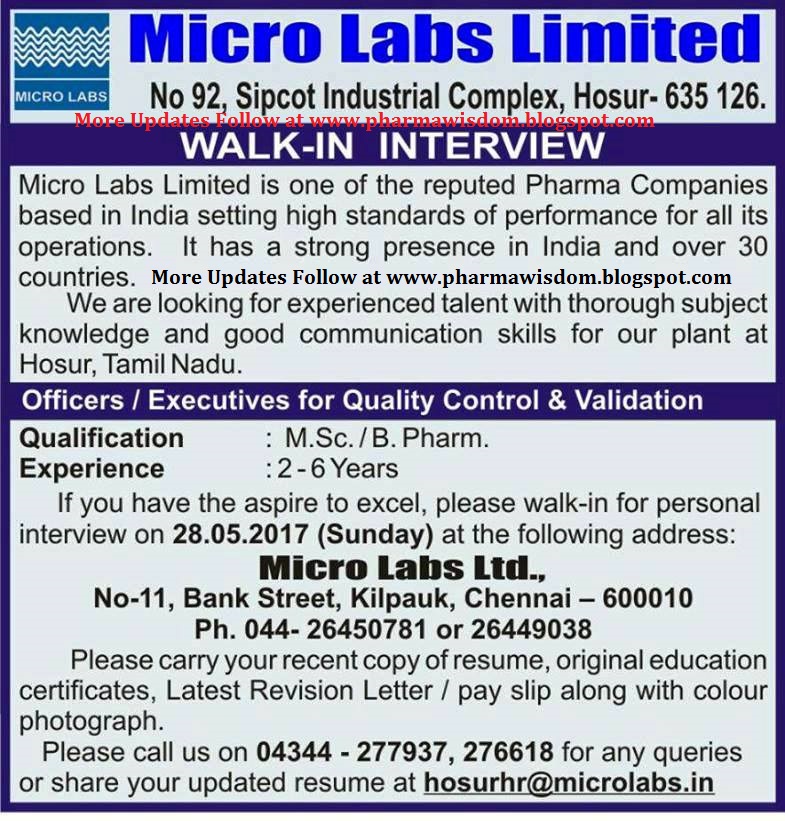 PHARMA WISDOM Micro Labs Limited WalkIn Interviews on 28th May