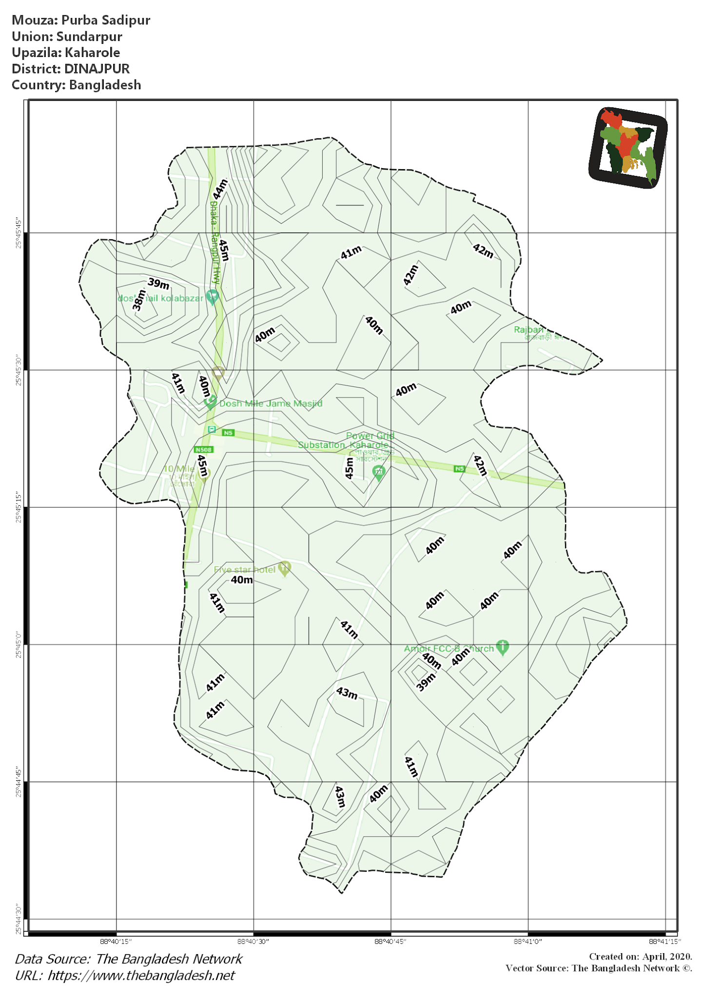 Map of Purba Sadipur Mouza of Kaharole Upazila, DINAJPUR, Bangladesh.