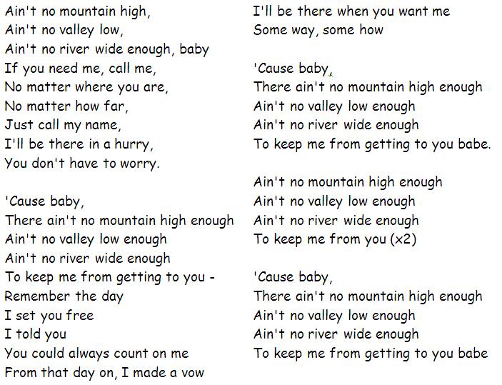Песня слова хай. Ain't no Mountain High enough текст. Текст песни Ain't no Mountain High enough. High enough текст. Ain't no Mountain High enough перевод.