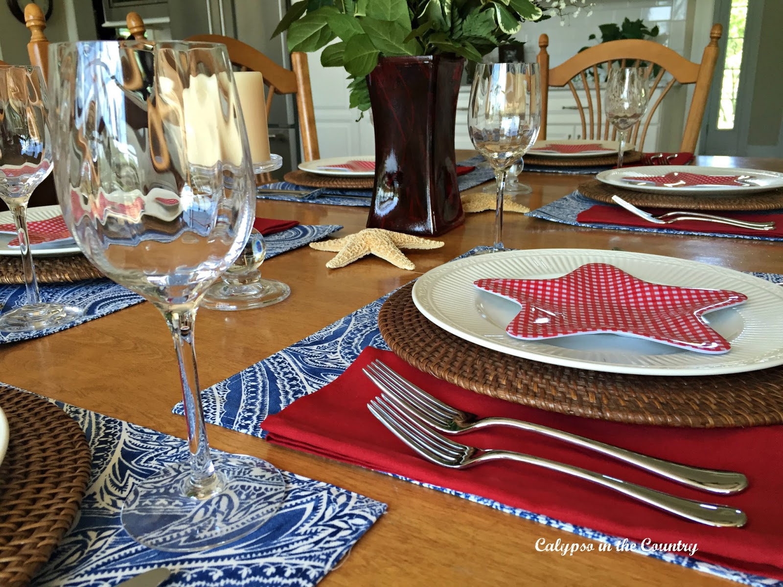 Patriotic Table Setting using red white and blue and a bit of coastal style